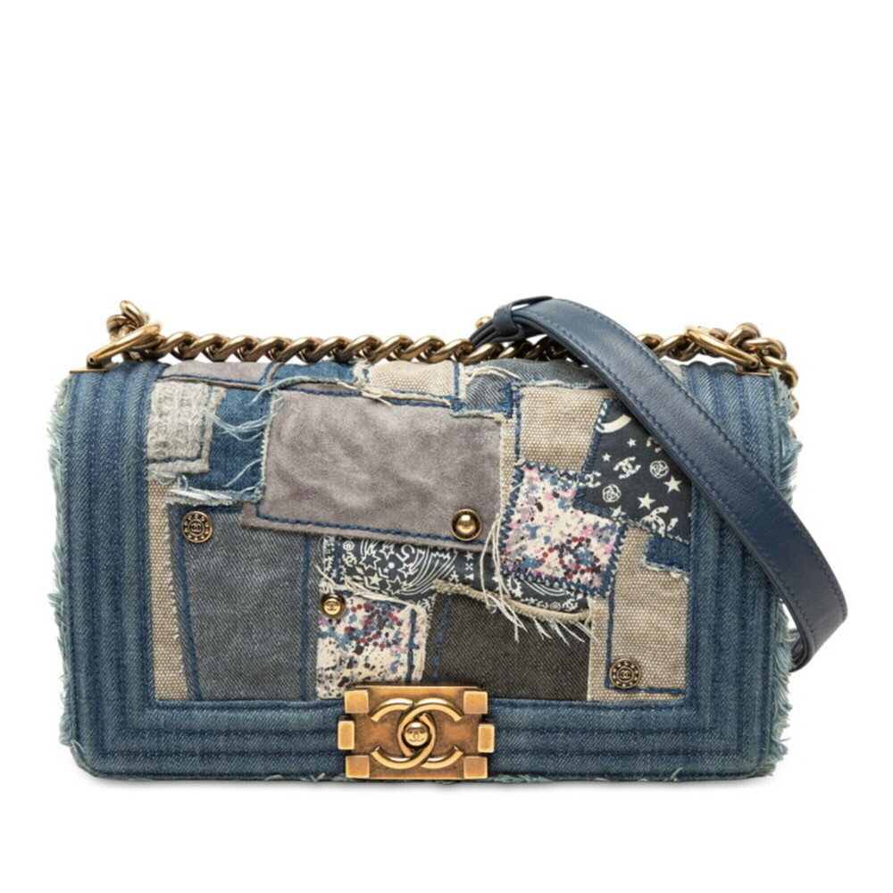 Chanel Coco Mark Boy 25 Chain Shoulder Bag Patchwork Indigo Blue Denim Women'...